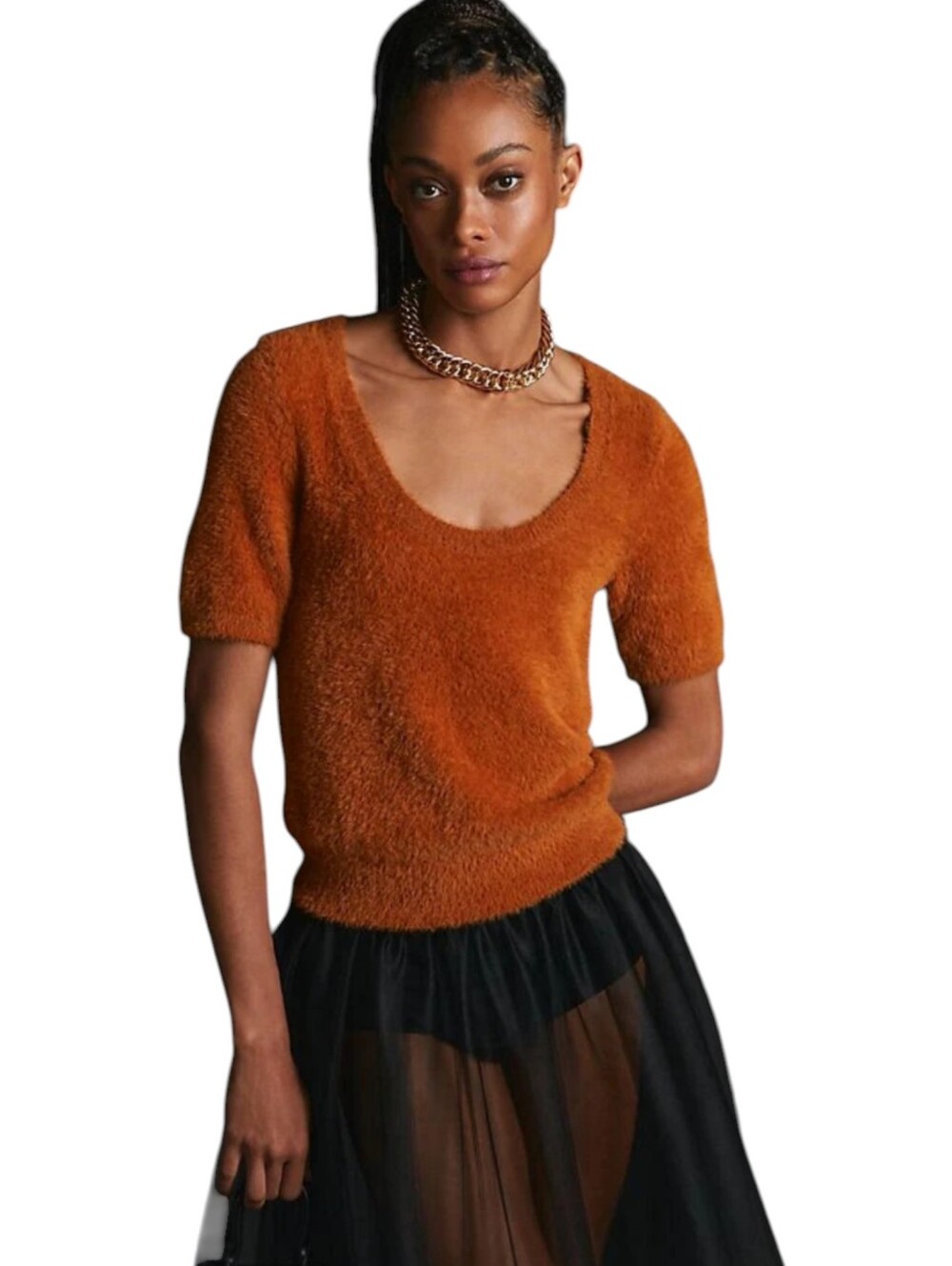NWT Anthropologie Maeve Scoop Neck Eyelash Sweater Tee | Size M | Cedar Orange